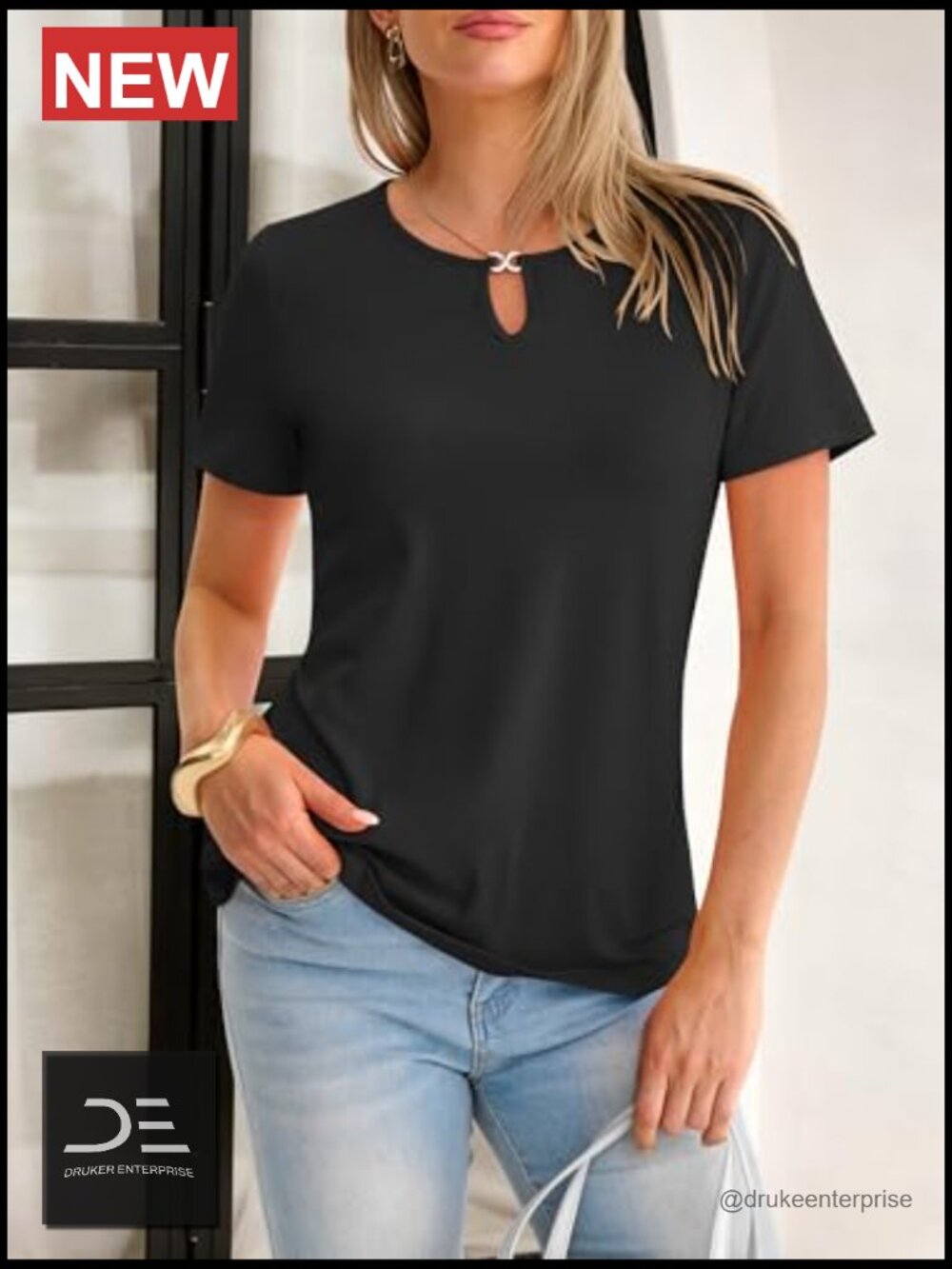 Keyhole Neck Short Sleeve T-Shirt with Regular Fit - Picture 3 of 7